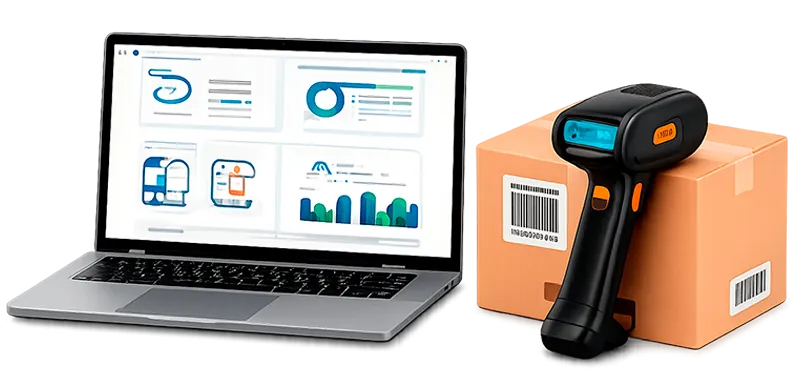 Notebook com a interface do Seenc WMS, coletor de dados e caixa etiquetada.