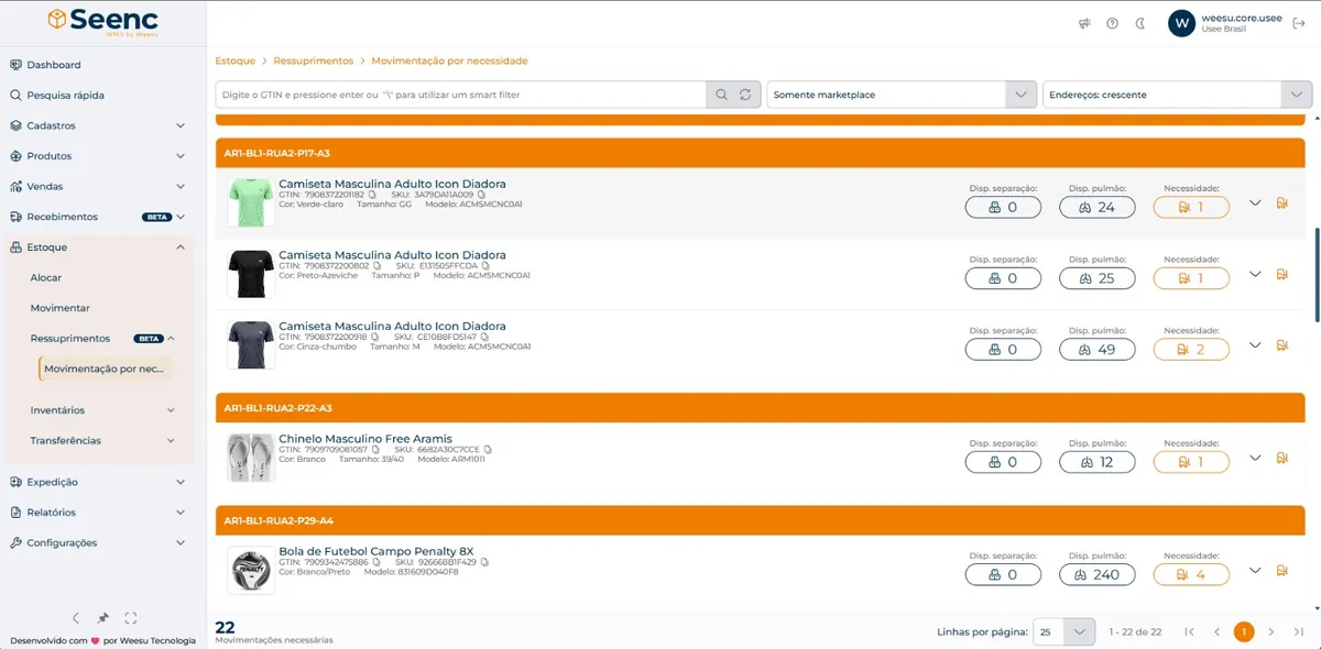 Interface do Seenc WMS mostrando o ressuprimento do estoque de pulmão para os endereços de picking.